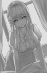  .me 1girl apron bow bowtie collarbone curtains dress_shirt food fruit greyscale highres hinanawi_tenshi leaf long_hair monochrome peach puffy_short_sleeves puffy_sleeves shirt short_sleeves solo touhou window wing_collar 