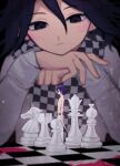  2boys bangs black_eyes black_hair blush checkered_clothes checkered_scarf chess_piece closed_mouth danganronpa_(series) danganronpa_v3:_killing_harmony dual_persona from_side frown grey_jacket hair_between_eyes hands_up highres jacket liang_cun_rakuna looking_at_another medium_hair miniboy multiple_boys multiple_views ouma_kokichi own_hands_together scarf standing topless 