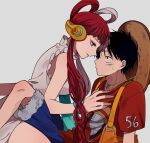  1boy 1girl alternate_costume bag black_eyes black_hair commentary_request hat headphones highres long_hair looking_at_another monkey_d._luffy multicolored_hair nai0524 on_ground one_piece redhead scar scar_on_face short_hair sweatdrop uta_(one_piece) violet_eyes white_hair 