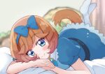  1girl animal_ears blue_bow blue_dress blue_eyes blush bow brown_hair delicious_party_precure dog_ears dog_girl dog_tail dress headband mitumi_mira pam-pam_(precure) pam-pam_(precure)_(human) precure puffy_short_sleeves puffy_sleeves short_hair short_sleeves smile solo tail 