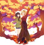  2girls absurdres alternate_hairstyle autumn autumn_leaves black_hair blonde_hair braid commentary_request day full_body grass hair_ribbon highres holding_hands hood hoodie inoue_takina light_blush long_hair long_skirt looking_at_another lycoris_recoil multiple_girls nishikigi_chisato open_mouth outdoors red_eyes ribbon shirt shoes short_hair shorts skirt smile sneakers tomu_(kpnlbrhiyfkj5uk) tree violet_eyes yuri 