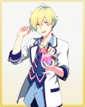  1boy ahoge blonde_hair earrings hair_between_eyes hanazono_momohito idolmaster idolmaster_side-m idolmaster_side-m_growing_stars jewelry light_green_hair looking_at_viewer male_focus multicolored_hair necktie official_art open_mouth pink_eyes pocket short_sleeves single_earring smile teeth third-party_source upper_body upper_teeth 