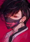  1boy absurdres asymmetrical_bangs bangs black_hair black_mask brown_hair collared_shirt commentary covered_mouth ear_piercing earrings english_commentary eyelashes glint hair_between_eyes highres himashu_illust jewelry looking_at_viewer male_focus mask mouth_mask multicolored_hair nijisanji nijisanji_en parted_bangs piercing portrait red_background red_eyes redhead shirt short_hair simple_background solo spiked_ear_piercing spikes streaked_hair upper_body ver_vermillion virtual_youtuber white_shirt 