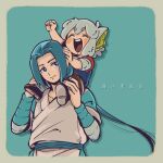  2boys animal_ears aqua_background arm_up black_footwear blue_eyes blue_hair cat_boy cat_ears closed_eyes highres kachohuugetsu long_hair luoxiaohei multiple_boys open_mouth shoes short_hair short_sleeves smile the_legend_of_luo_xiaohei upper_body white_hair wuxian_(the_legend_of_luoxiaohei) 