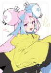  1girl bow-shaped_hair character_hair_ornament hair_ornament highres iono_(pokemon) jacket long_hair low-tied_long_hair mokokoiro multicolored_hair oversized_clothes pink_eyes pink_hair pokemon pokemon_(game) pokemon_sv sharp_teeth sleeves_past_fingers sleeves_past_wrists solo teeth twintails two-tone_hair very_long_hair very_long_sleeves yellow_jacket 
