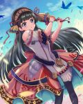  1girl atelier_(series) atelier_shallie bell bird black_hair closed_mouth dress hair_ornament hairband highres holding long_hair shallistera_(atelier) short_sleeves sky snowstar solo standing very_long_hair violet_eyes 