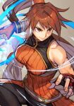  1girl bare_shoulders breasts brown_eyes brown_hair dress dungeon_and_fighter dynamic_pose fighter_(dungeon_and_fighter) fingerless_gloves gloves hankuri large_breasts long_hair martial_arts orange_dress pantyhose ponytail red_gloves ribbed_dress sleeveless smile solo toned very_long_hair 