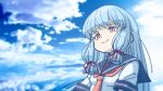  blue_sailor_collar blue_sky closed_mouth clouds commentary_request dress grey_hair hair_ribbon highres kantai_collection long_hair murakumo_(kancolle) necktie orange_eyes photo_background red_necktie red_ribbon ribbon sailor_collar sailor_dress shin_(shin_k009) short_sleeves sky tress_ribbon 