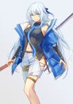  1girl blue_eyes blue_hair blue_jacket blue_ribbon cowboy_shot down_jacket eiyuu_densetsu grey_background hair_ribbon highres holding holding_sword holding_weapon jacket katana kuro_no_kiseki kuro_no_kiseki_ii light_blue_hair long_hair looking_at_viewer murazo_(0606) pants ribbon shizuna_rem_misurugi simple_background solo sword weapon white_pants 