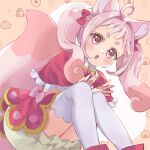  1girl ahoge animal_ears bow capelet cat_ears cat_girl commentary delicious_party_precure hikimayu kome-kome_(precure) kome-kome_(precure)_(human) meguru_(dagmin) open_mouth pink_bow pink_eyes pink_hair precure solo thick_eyebrows thigh-highs twintails zettai_ryouiki 
