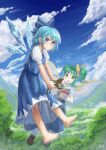  2girls :d absurdres barefoot blue_bow blue_dress blue_eyes blue_hair blue_sky bow cirno clouds daiyousei dated dress frog full_body green_eyes green_hair guanchuan_zhi_jiao hair_bow highres ice ice_wings looking_at_viewer multiple_girls open_mouth outdoors puffy_short_sleeves puffy_sleeves shirt short_hair short_sleeves side_ponytail signature sky smile touhou white_shirt wings 