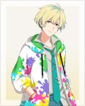  1boy blonde_hair bracelet hair_between_eyes hanazono_momohito hands_in_pockets hood hoodie idolmaster idolmaster_side-m idolmaster_side-m_growing_stars jacket jewelry light_green_hair looking_at_viewer male_focus multicolored_hair necktie official_art pink_eyes simple_background smile solo third-party_source 