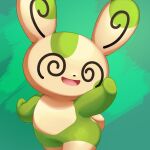  :d @_@ alternate_color commentary_request deleca7755 green_background happy highres looking_to_the_side open_mouth outstretched_arms pokemon shiny_pokemon smile spinda tongue 