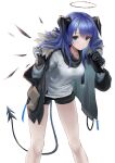  1girl absurdres arknights black_gloves black_jacket black_shorts blue_eyes blue_hair breasts collarbone detached_wings energy_wings fur-trimmed_jacket fur_trim gloves hair_between_eyes halo highres horns jacket long_hair long_sleeves medium_breasts mostima_(arknights) open_clothes open_jacket shirt short_shorts shorts solo sthk tail white_background white_gloves white_shirt wings 