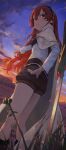  1girl absurdres back bingwei_huang black_socks blue_sky cape clouds eris_greyrat grass hairband hand_on_hip highres long_hair looking_at_viewer mushoku_tensei outdoors pointing red_eyes redhead shorts sky socks solo sword weapon 