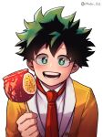  1boy :d apple bangs bitten_apple black_outline blush boku_no_hero_academia bright_pupils candy_apple collared_shirt commentary dated_commentary dot_nose food food_bite formal freckles fruit green_eyes green_hair hand_up happy head_tilt holding holding_food jacket looking_at_viewer male_focus melting midoriya_izuku modo_(modo_s2) necktie official_alternate_costume open_mouth outline pov red_necktie seed shirt short_hair simple_background smile solo spoilers straight-on suit suit_jacket twitter_username upper_body white_background white_pupils white_shirt yellow_jacket 