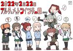  6+girls :d ? absurdres alisa_(girls_und_panzer) anchovy_(girls_und_panzer) anger_vein anzio_military_uniform armpits arms_behind_head arms_up artist_logo bag bangs belt black_belt black_footwear black_neckerchief black_necktie black_ribbon black_shirt black_shorts black_skirt black_socks black_vest blouse blue_pants blunt_bangs boots brown_eyes brown_footwear brown_hair brown_headwear brown_jacket camera carrying cellphone clenched_hand commentary constricted_pupils dated dress_shirt drill_hair eighth_note freckles frown fur_hat girls_und_panzer glasses green_jacket green_skirt grey_jacket grey_pants grimace hair_ornament hair_ribbon hair_tie hat highres holding holding_camera holding_microphone holding_phone jacket kadotani_anzu keizoku_military_uniform keizoku_school_uniform knee_boots kneehighs loafers long_hair long_sleeves looking_at_another looking_down low_twintails microphone mikko_(girls_und_panzer) military military_uniform miniskirt multiple_girls musical_note neckerchief necktie nina_(girls_und_panzer) ooarai_school_uniform oono_aya open_mouth ou_taiga own_hands_together pants pants_rolled_up pants_under_skirt parted_bangs phone pleated_skirt pravda_military_uniform red_eyes red_shirt redhead ribbon rimless_eyewear round_eyewear sailor_collar sam_browne_belt satchel saunders_military_uniform school_uniform serafuku shirt shoes short_hair short_twintails shorts shoulder_carry skirt smile sneakers socks spoken_anger_vein spoken_musical_note spoken_question_mark spoken_sparkle spoken_sweatdrop spoken_thumbs_up spoken_www squatting standing star_(symbol) star_hair_ornament struggling sweatdrop thigh-highs track_pants translated turtleneck twin_drills twintails twintails_day uniform ushanka vest video_camera white_background white_footwear white_sailor_collar white_shirt wing_collar yb_norio 