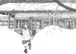  1girl absurdres black_footwear black_hair blush branch building densya_t from_behind greyscale highres long_sleeves monochrome no_nose original outdoors plaid_socks pleated_skirt shoes short_hair skirt snow snowing solo standing tree wide_shot winter_clothes 