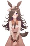  1girl :3 absurdres animal_ears black_hair breasts hair_over_one_eye hairband highres horse_ears horse_tail looking_at_viewer nasuta5mamma own_hands_together rice_shower_(umamusume) simple_background smile solo tail umamusume violet_eyes white_background 