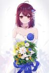  1girl atelier_(series) atelier_sophie bangs bare_shoulders blue_flower blue_rose blush bouquet bride brown_eyes closed_mouth dress flower hair_flower hair_ornament highres looking_at_viewer redhead rose ryuuno6 short_hair smile solo sophie_neuenmuller standing wedding_dress white_dress 