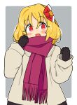  1girl black_gloves blonde_hair blush fang fringe_trim gloves hair_ribbon ini_(inunabe00) long_sleeves open_mouth red_eyes red_ribbon red_scarf ribbon rumia scarf short_hair smile solo touhou upper_body winter_clothes 