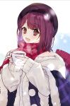  1girl atelier_(series) atelier_sophie bangs beret brown_eyes cup fang fur_trim hat highres holding holding_cup looking_at_viewer open_mouth red_scarf redhead ryuuno6 scarf short_hair simple_background smile solo sophie_neuenmuller sweater white_background white_sweater winter_clothes 