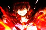  1girl angry bangs black_background bow bowtie brown_hair clenched_teeth collarbone danganronpa_(series) danganronpa_v3:_killing_harmony hair_ornament hair_scrunchie hairclip harukawa_maki low_twintails mole mole_under_eye nantoka_aida red_background red_scrunchie red_shirt scrunchie shiny shiny_hair shirt solo teeth twintails white_bow white_bowtie 