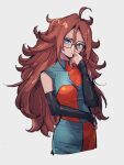 1girl android_21 black_sleeves blue_eyes breasts checkered_clothes checkered_dress detached_sleeves dragon_ball dragon_ball_fighterz dress earrings glasses hair_between_eyes hoop_earrings jewelry kemachiku long_hair looking_at_viewer medium_breasts red_hair solo