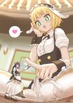  2girls :o animal_ears apron black_footwear black_hairband black_skirt blonde_hair blurry blurry_background blush breasts center_frills collared_shirt commentary_request cup depth_of_field fake_animal_ears fleur_de_lapin_uniform flower-shaped_pupils frilled_apron frilled_hairband frills gochuumon_wa_usagi_desu_ka? green_eyes hairband hand_on_own_cheek hand_on_own_face hand_up heart highres holding holding_spoon indoors kirima_syaro long_hair medium_breasts minigirl multiple_girls open_mouth pleated_skirt puffy_short_sleeves puffy_sleeves purple_hair rabbit_ears shirt shoes short_sleeves signature skirt small_breasts spoken_heart spoon standing symbol-shaped_pupils teacup teapot tedeza_rize teeth thigh-highs umiroku uniform upper_teeth very_long_hair waist_apron waitress white_apron white_shirt white_thighhighs wrist_cuffs 