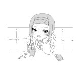 1girl bangs cellphone collared_shirt commentary_request couch cup dress_shirt drink drinking_glass forehead greyscale hairband hands_up holding kuro_kosyou long_hair long_sleeves looking_at_viewer low_ponytail monochrome on_couch open_mouth original phone ponytail puffy_long_sleeves puffy_sleeves shirt simple_background sitting solo sweater white_background 
