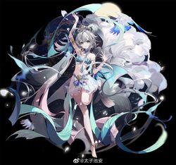  1girl bare_shoulders barefoot bird bracelet chain dancing gem green_eyes highres jewelry long_hair looking_at_viewer luo_tianyi pearl_(gemstone) see-through see-through_sleeves semi-transparent silk smile solo taiz22 vocaloid weibo_id white_hair 