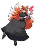  1girl animal_ears black_dress black_footwear commission dress eddybird55555 english_commentary fire fox_ears fox_girl fox_tail full_body grin highres long_sleeves looking_at_viewer medium_hair multiple_tails orange_eyes orange_hair original ringed_eyes simple_background smile solo tail white_background 