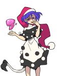  1girl :d black_capelet blob capelet doremy_sweet dream_soul dress eddybird55555 english_commentary hat highres looking_at_viewer nightcap open_mouth parody pom_pom_(clothes) purple_hair red_headwear ringed_eyes short_hair simple_background smile solo style_parody tail tapir_tail touhou vanripper_(style) violet_eyes white_background white_dress 
