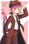  1girl animal_ears animal_hat arm_up bangs black_necktie blush brown_headwear brown_jacket brown_pants cabbie_hat cat_ears cat_tail closed_mouth collared_shirt commentary_request coreytaiyo dated dress_shirt english_text fake_animal_ears hand_in_pocket hand_on_headwear hat highres jacket long_sleeves looking_at_viewer multiple_tails necktie open_clothes open_jacket original pants pink_background pink_hair shirt short_hair signature solo suspenders tail thank_you two-tone_background two_tails violet_eyes white_background white_shirt 