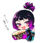  1girl :d animification apex_legends aqua_jacket black_hair blush bowl chibi fluorescent_tech_valkyrie food gloves holding holding_bowl jacket looking_to_the_side lowres multicolored_hair noodles official_alternate_costume open_mouth pink_eyes ponytail purple_gloves purple_hair ramen riku_(ururi7610) smile solo streaked_hair translation_request valkyrie_(apex_legends) white_background 