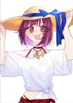  1girl atelier_(series) atelier_sophie bangs blue_bow bow hat hat_bow highres holding holding_clothes holding_hat jewelry necklace open_mouth pink_eyes redhead ryuuno6 shirt short_hair short_sleeves simple_background smile solo sophie_neuenmuller straw_hat tied_shirt white_background white_shirt 