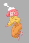  1girl bangs barefoot breasts full_body grey_background half-closed_eyes highres large_breasts medium_hair open_mouth orange_pants original pants pink_hair podrace_explode red_eyes simple_background sleeves_past_wrists smile solo sweater yellow_sweater 