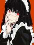  1girl black_hair black_nails chainsaw_man cross_scar frilled_sleeves frills hand_on_own_cheek hand_on_own_face long_hair looking_at_viewer maid maid_headdress red_background red_eyes ringed_eyes sailen0 scar scar_on_face simple_background solo yoru_(chainsaw_man) 