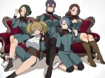  asticassia_school_uniform asymmetrical_shorts blue_hair boots braid brown_eyes brown_hair couch expressionless fingerless_gloves gloves green_eyes green_hair grin gundam gundam_suisei_no_majo hair_over_one_eye hand_on_another&#039;s_shoulder haruhisky henao_jazz highres ireesha_plato light_brown_hair long_hair looking_at_viewer maisie_may necktie one_eye_closed open_mouth purple_hair renee_costa sabina_fardin school_uniform shoes simple_background smile violet_eyes white_background yellow_eyes 