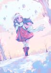  1girl blue_hair boots full_body hat highres hikari_(pokemon) kneehighs outdoors parororo pokemon pokemon_(creature) scarf sky snow socks solo standing tree white_scarf 
