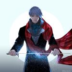  1boy absurdres black_coat coat eyebrows_hidden_by_hair grey_eyes grey_hair harutan044 highres holding holding_sword holding_weapon male_focus red_scarf scarf smile solo sword tokyo_ghoul tsukiyama_shuu upper_body weapon 