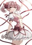  1girl bow collarbone gloves hair_ribbon highres kaname_madoka magical_girl mahou_shoujo_madoka_magica misteor pink_eyes pink_hair ribbon short_hair short_twintails smile solo soul_gem twintails waist_bow white_background white_gloves 