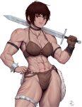  1girl abs absurdres armlet bare_arms biceps bikini bracelet breasts brown_eyes brown_gloves brown_hair collarbone gloves hand_on_hip highres holding holding_sword holding_weapon jewelry legs muscular muscular_female necklace pectorals quads scar short_hair smile speedl00ver spiked_bracelet spikes swimsuit sword tan thighlet thighs warrior weapon 