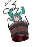  1girl blood bucket eddybird55555 english_commentary full_body green_eyes green_hair hair_bobbles hair_ornament highres kisume looking_at_viewer parody parted_lips ringed_eyes rope short_hair simple_background solo style_parody touhou two_side_up vanripper_(style) white_background 