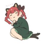  1girl :3 animal_ears barefoot black_bow blush bow braid cat_ears cat_tail chibi citrus_(place) closed_eyes dress extra_ears fetal_position green_dress kaenbyou_rin multiple_tails puffy_sleeves redhead sleeping solo tail touhou twin_braids two_tails white_background 