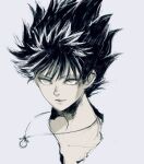  1boy closed_mouth collarbone greyscale hiei_(yu_yu_hakusho) jewelry kannoaki looking_at_viewer male_focus monochrome necklace simple_background smile solo spiky_hair yu_yu_hakusho 