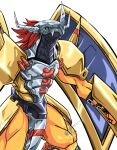  armor digimon digimon_(creature) helmet highres horns long_hair nanttins no_humans redhead signature simple_background wargreymon white_background wings 