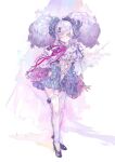  1girl aqua_eyes big_hair bow center_frills dress frilled_dress frills full_body garter_straps hair_bow high_heels highres long_hair long_ribbon multiple_hair_bows neck_ribbon one_eye_closed original purple_hair ribbon sketch smile solo thigh-highs totoya_yuu twintails zettai_ryouiki 