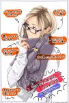  1girl absurdres arrow_(symbol) blonde_hair blue_eyes earrings glasses highres jewelry lips long_sleeves original purple_scarf scarf signature sleeves_past_wrists solo translation_request yamasaki_haruta 