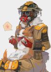  1other ambiguous_gender animal apex_legends black_eyes bloodhound_(apex_legends) brown_jacket chinese_commentary chongmingggg dog fur-trimmed_jacket fur_trim gloves goggles grey_background helmet highres holding holding_animal holding_dog jacket knee_pads looking_ahead rebreather red_gloves sitting solo tongue tongue_out 